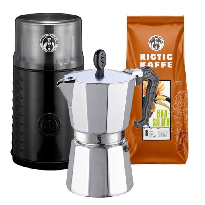 House of Barista Coffee grinder incl. G.A.T Lady Oro 6-cup espresso pot & 400 g coffee