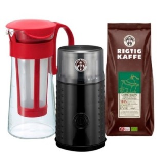 Hario Mizudashi iced coffee brewer Red incl. House of Barista coffee grinder & 400g coffee
