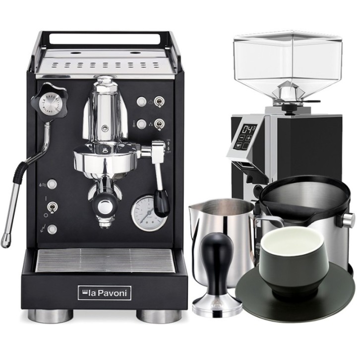 La Pavoni Mini Cellini Sort LPSMCB01EU Inkl. Eureka Mignon Turbo Espressokværn, Baristaudstyr & Kopper