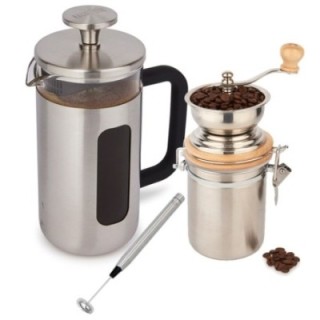 La Cafetière Pisa 8 Kop. Stempelkande Rustfrit Stål, Kaffemølle og Mælkeskummer