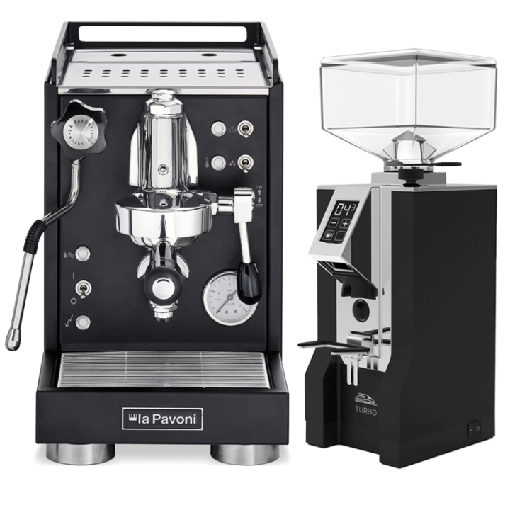 La Pavoni Mini Cellini Black LPSMCB01EU Espresso Machine incl. Eureka Mignon Turbo Chrome/Black Espresso Grinder