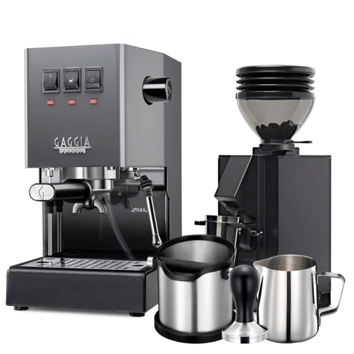 Gaggia Classic E24 Grey Espresso Machine incl. Eureka Mignon Zero 55s Black Grinder & Barista Accessories