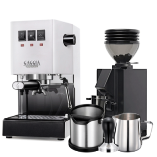 Gaggia Classic E24 White Espresso Machine incl. Eureka Mignon Zero 55s Matte Black Espresso Grinder & Barista Accessories