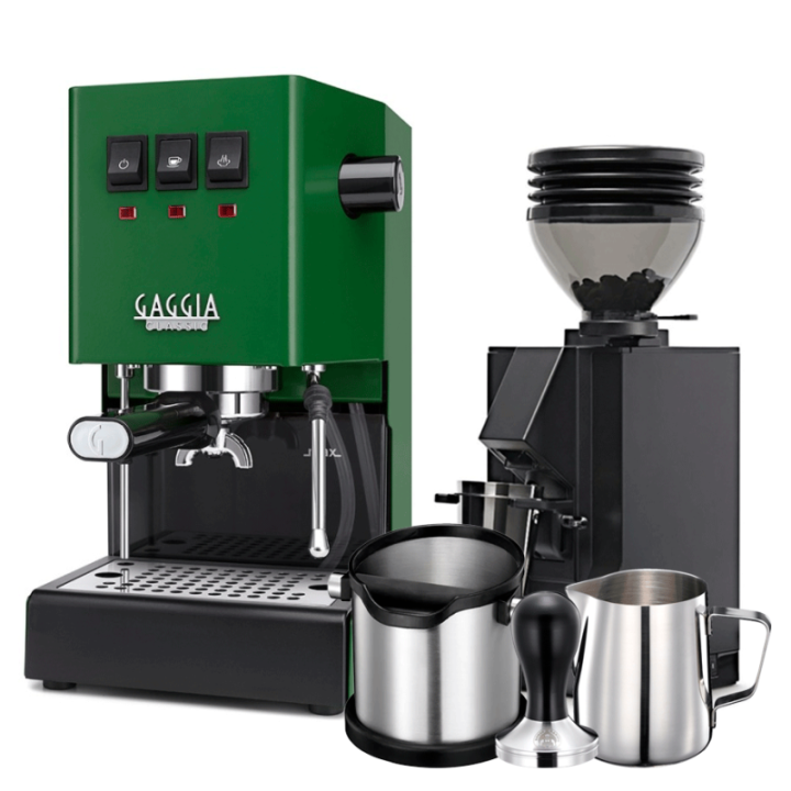 Gaggia Classic E24 Jungle Green Espresso Machine incl. Eureka Mignon Zero 55s Black Grinder & Barista Accessories