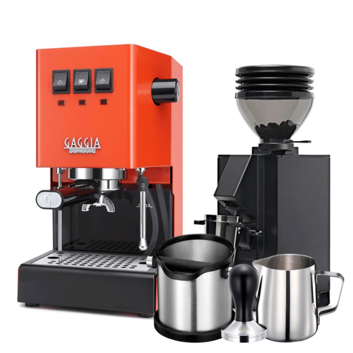 Gaggia Classic E24 Lobster Red Espresso Machine incl. Eureka Mignon Zero 55s Black Grinder & Barista Accessories