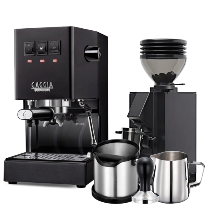 Gaggia Classic E24 Black Espresso Machine incl. Eureka Mignon Zero 55s Black Grinder & Barista Accessories