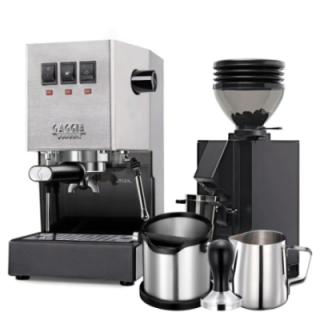 Gaggia Classic E24 Steel Espresso Machine incl. Eureka Mignon Zero 55s Black Grinder & Barista Accessories
