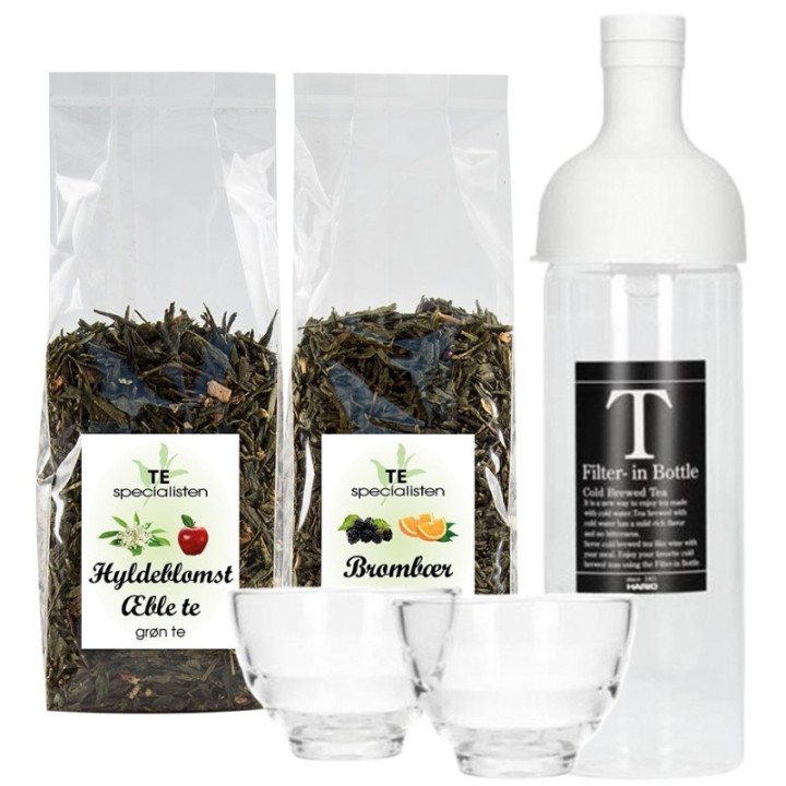Hario Filter-In 0,75 L Istebrygger Lysegrå m. 2 glas Inkl. Grøn Brombær Appelsin Te & Grøn Hyldeblomst Æble Te 100g