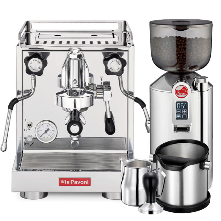 La Pavoni New Cellini Classic Inkl. Espressokværn, Baristaudstyr & 4 stk Cappuccinokopper