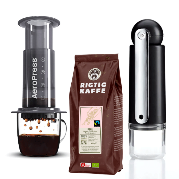 AeroPress Rejsebrygger Inkl. CrushGrind Colombia Rejsekværn & 400g Rigtig Kaffe Organic Peru