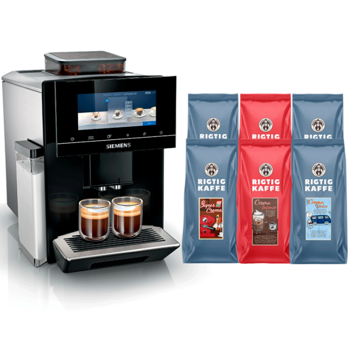 Siemens TQ903R09 EQ900 Espressomaskine Inkl. Rigtig Kaffe Super Crema 2kg, Dolce Crema 2kg & Crema Intenso 2kg Hele kaffebønner