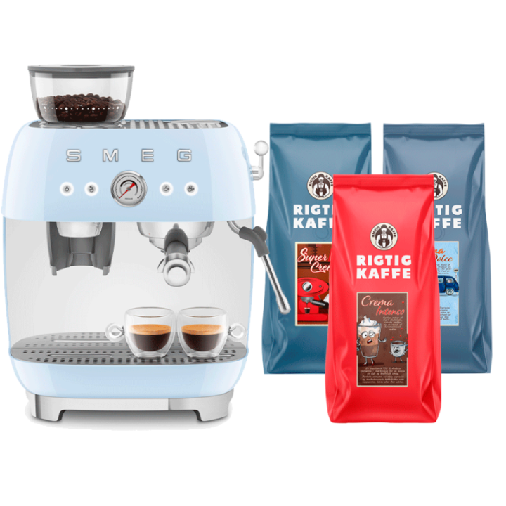 Smeg EGF03PBEU Manuel espressomaskine Inkl. Kværn Pastelblå & Rigtig Kaffe Bestseller Mixpakke 3kg Hele kaffebønner