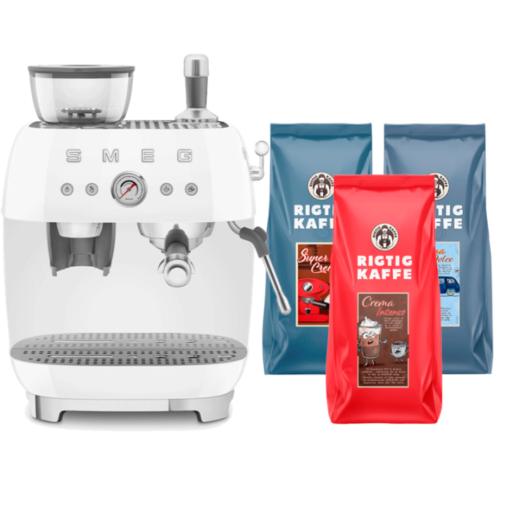 Smeg EGF03WHEU Manuel espressomaskine Inkl. Kværn Hvid & Rigtig Kaffe Bestseller Mixpakke 3kg Hele kaffebønner