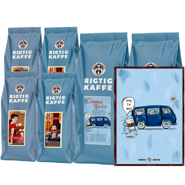Rigtig Kaffe Blå Mixpakke 4kg Hele kaffebønner Inkl. Kaffeplakat Rigtig Kaffe SORRY I'M LATTE 21x30cm