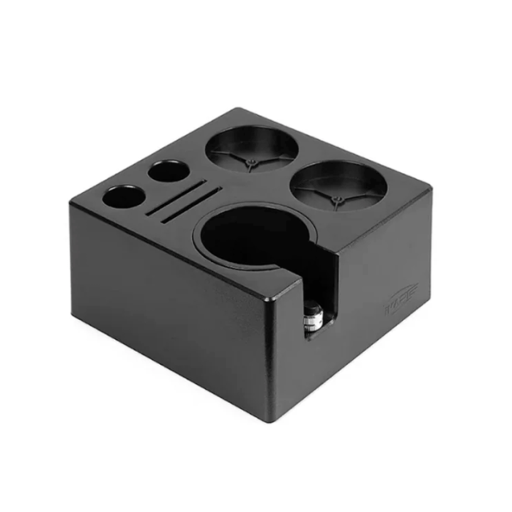 IKAPE Kompakt Tamper Station Sort Inkl. Kaffebeholder 600g & V3 Kalibreret Tamper med Fjeder, Riller & Titaniumsbelægning 58 mm