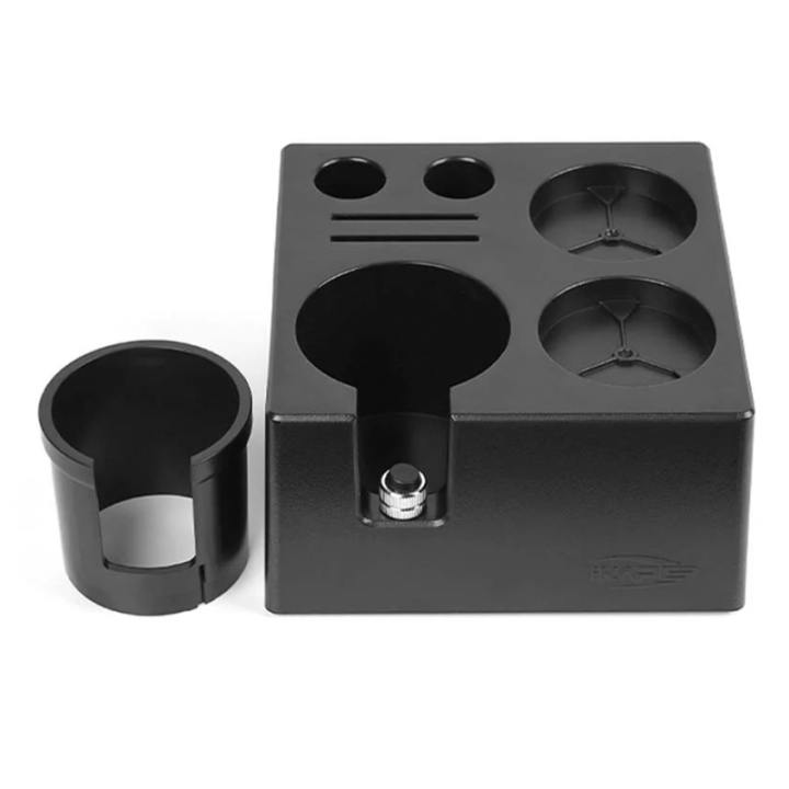 IKAPE Kompakt Tamper Station Sort Inkl. Kaffebeholder 600g & V3 Kalibreret Tamper med Fjeder, Riller & Titaniumsbelægning 58 mm