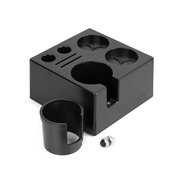 IKAPE Kompakt Tamper Station Sort Inkl. Kaffebeholder 600g & V3 Kalibreret Tamper med Fjeder, Riller & Titaniumsbelægning 58 mm