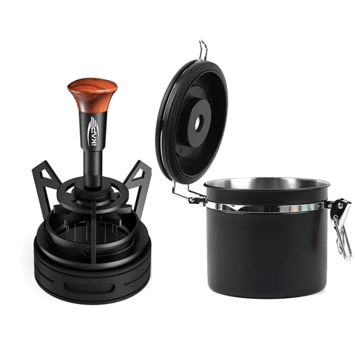 IKAPE V3 Springback Roterende WDT Tool 58 mm Valnød Inkl. Kaffebeholder Sort 600g