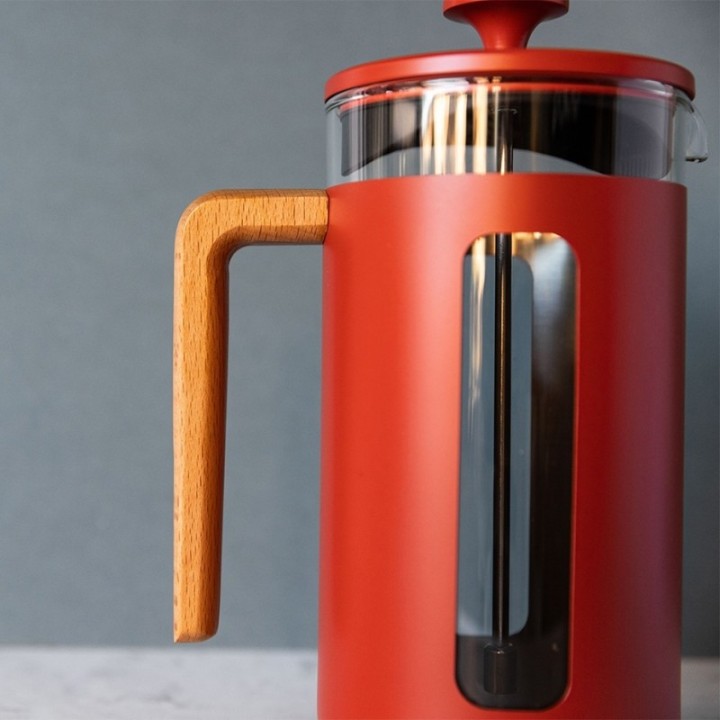 La Cafetière Pisa 8 Kop. Stempelkande Rød Inkl. House of Barista Elektrisk Kaffemølle & Rigtig Kaffe 400g Hele kaffebønner