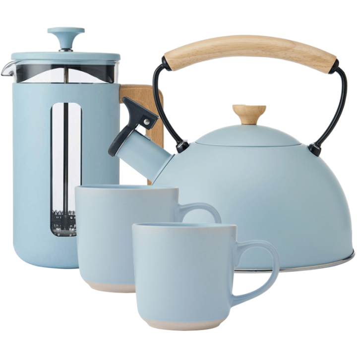 La Cafetière Pisa 8 Kop. Stempelkande Himmelblå Inkl. Fløjtekedel 1,6 L Himmelblå & Krus 35 cl 2 Stk Himmelblå