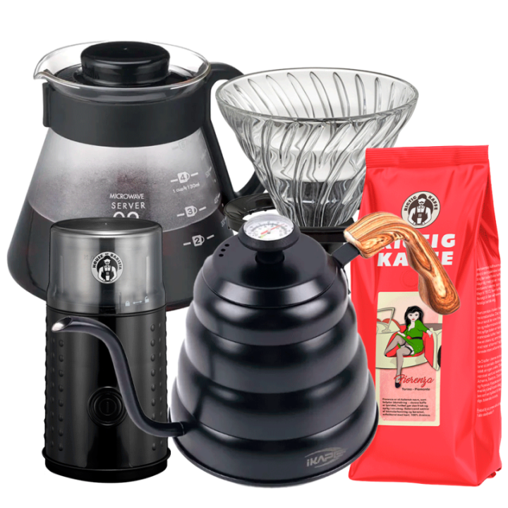 Pour Over Sæt Inkl. IKAPE Kedel med Termometer 1,2 L, Hario V60 Server, Glas Dripper 2 Kop, Kaffemølle & 500g Kaffe