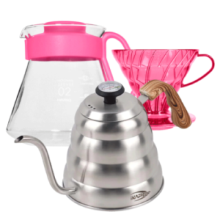 Hario V60 Filterbryg Sæt Pink Inkl. Range Server 0,6 L, Dripper 2 Kop., IKAPE Pour Over Kedel med Termometer 1,2 L & Filtre