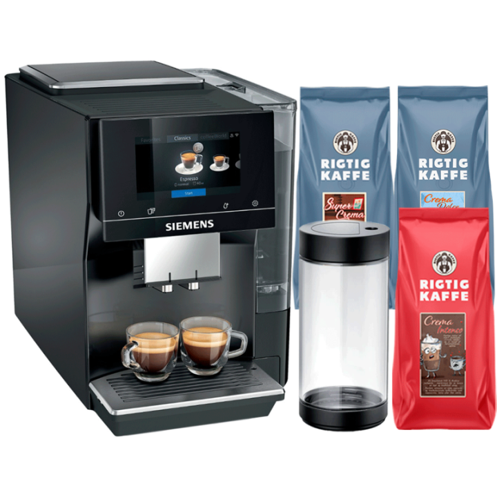 Siemens TP713R19 EQ700 Classic Piano Sort Espressomaskine Inkl. Mælkebeholder Glas & Rigtig Kaffe Mixpakke 3kg Hele kaffebønner