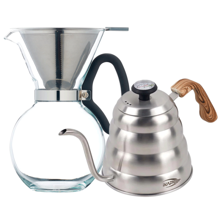 IKAPE Pour Over Kedel med Termometer 1,2 L Stål Inkl. La Cafetière Pour Over 8 Kop.