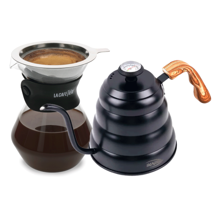 IKAPE Pour Over Kedel med Termometer 1,2 L Sort Inkl. La Cafetière Pour Over 3 Kop.
