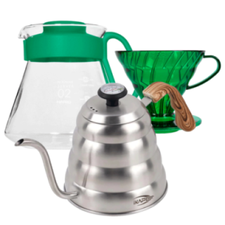 Hario V60 Filterbryg Sæt Grøn Inkl. Range Server 0,6 L, Dripper 2 Kop., IKAPE Pour Over Kedel med Termometer 1,2 L & Filtre