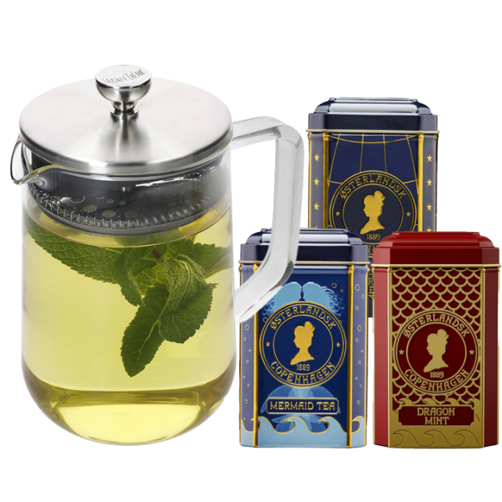 La Cafetière 4 Kop. Tebrygger Stål/Glas Inkl. Østerlandsk Thehus Pyramidetebreve 36 stk