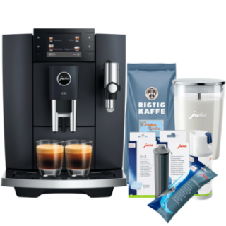 Jura E8 (ED) Cosmic Black Espressomaskine Inkl. Startpakke (DK sprog), Rens, Afkalkning, Filter, Mælkebeholder & 1kg Kaffe