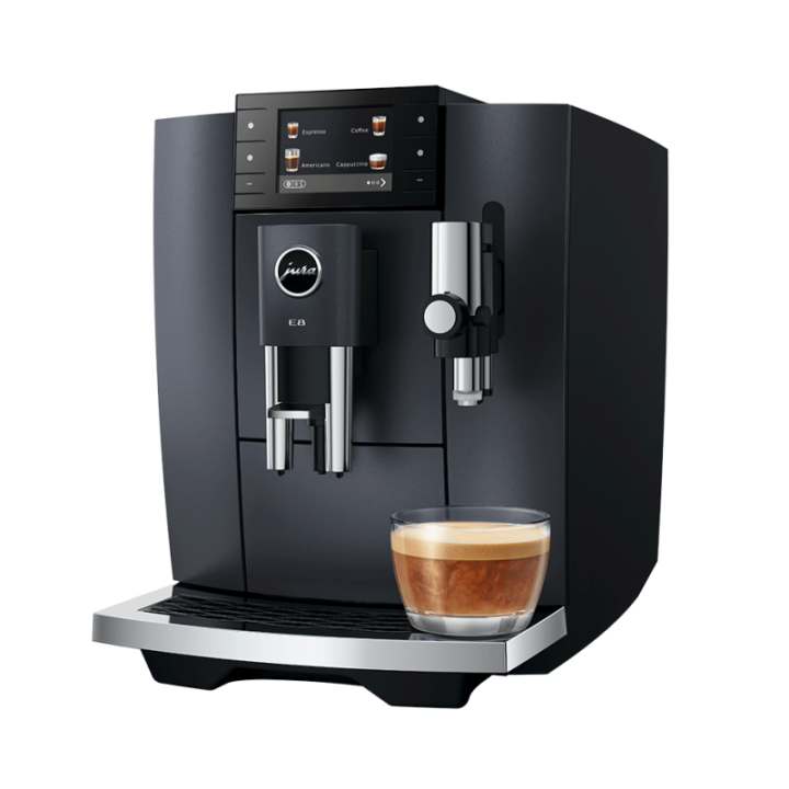 Jura E8 (ED) Cosmic Black Espressomaskine Inkl. Startpakke (DK sprog), Rens, Afkalkning, Filter, Mælkebeholder & 1kg Kaffe