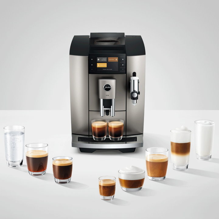 Jura E8 (ED) Midnight Silver Espressomaskine Inkl. Startpakke (DK sprog), Rens, Afkalkning, Filter, Mælkebeholder & 1kg Kaffe