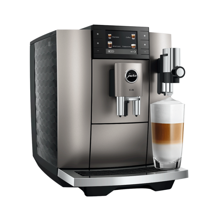 Jura E8 (ED) Midnight Silver Espressomaskine Inkl. Startpakke (DK sprog), Rens, Afkalkning, Filter, Mælkebeholder & 1kg Kaffe
