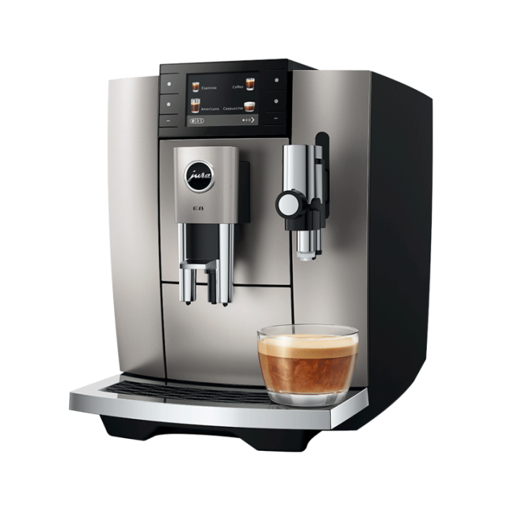 Jura E8 (ED) Midnight Silver Espressomaskine Inkl. Startpakke (DK sprog), Rens, Afkalkning, Filter, Mælkebeholder & 1kg Kaffe