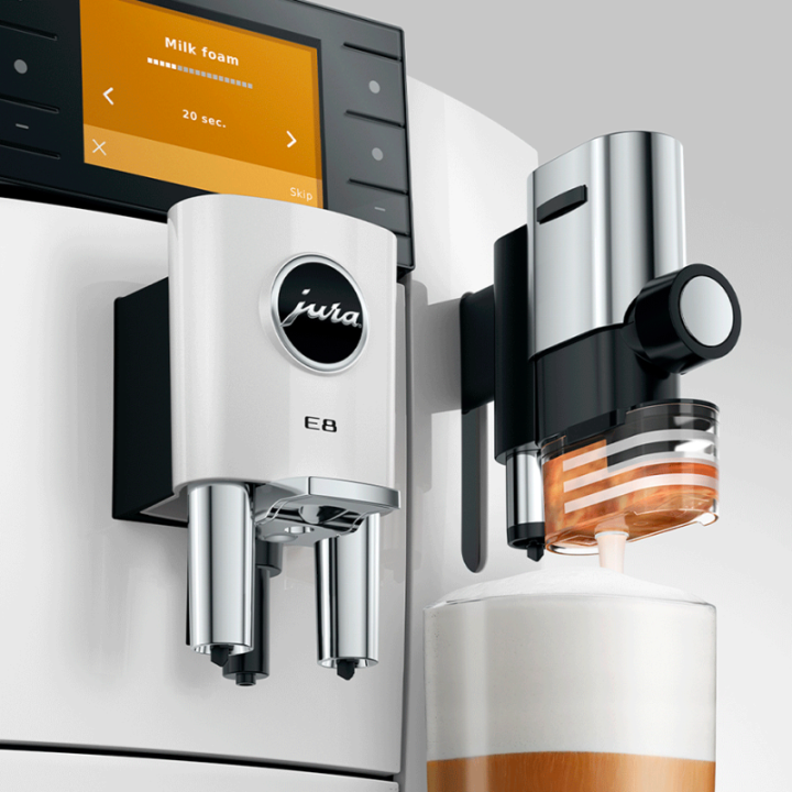 Jura E8 (ED) Piano White Espressomaskine Inkl. Startpakke (DK sprog), Rens, Afkalkning, Filter, Mælkebeholder & 1kg Kaffe