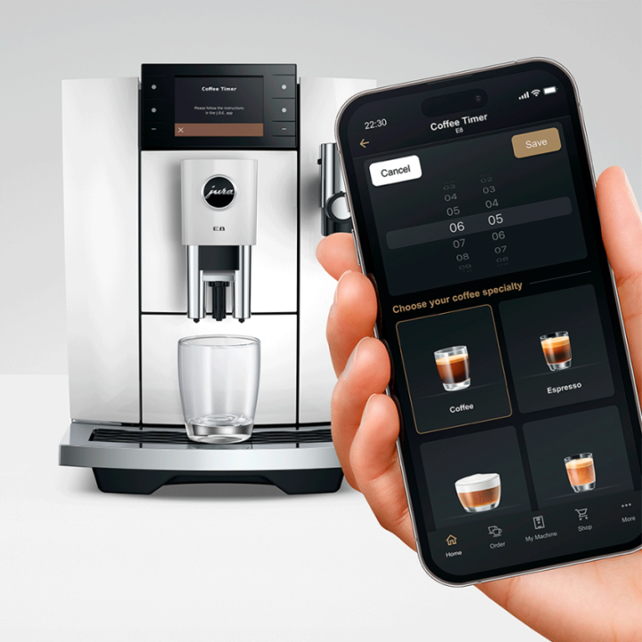 Jura E8 (ED) Piano White Espressomaskine Inkl. Startpakke (DK sprog), Rens, Afkalkning, Filter, Mælkebeholder & 1kg Kaffe