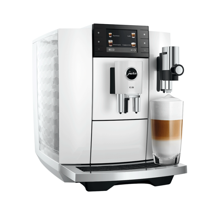 Jura E8 (ED) Piano White Espressomaskine Inkl. Startpakke (DK sprog), Rens, Afkalkning, Filter, Mælkebeholder & 1kg Kaffe