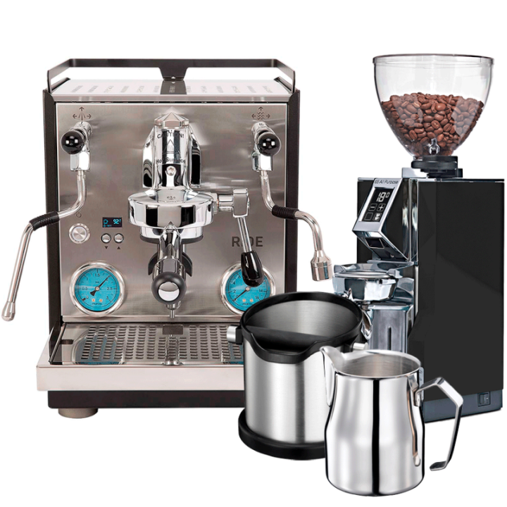 Profitec RIDE Espressomaskine Inkl. Eureka Mignon Libra 65 Chrome/Mat Sort Espressokværn, Knockbox & Mælkekande 0,5L