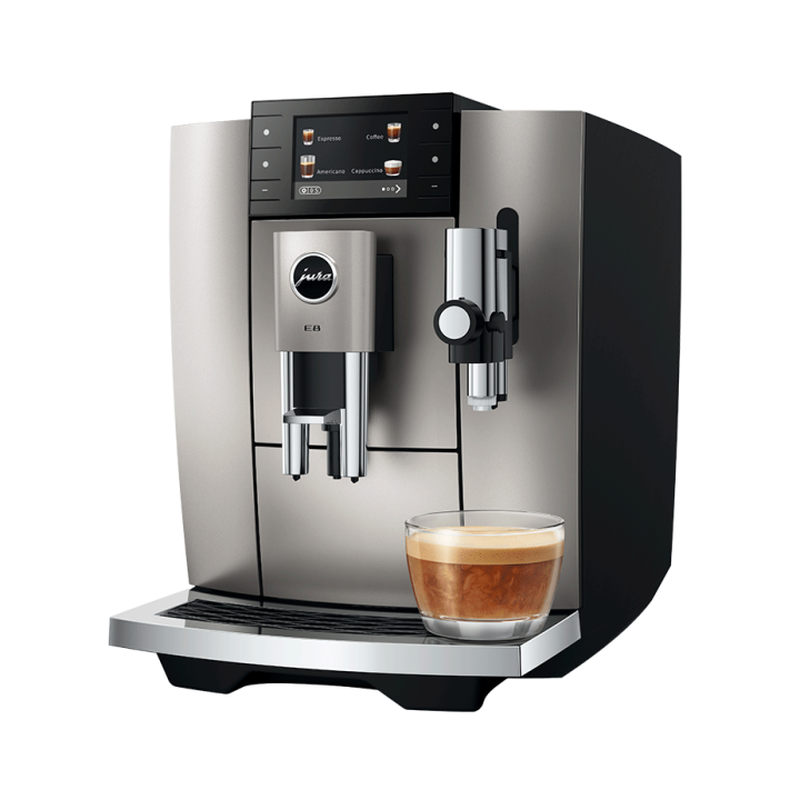 Jura E8 (ED) Midnight Silver Espressomaskine Inkl. Startpakke (DK sprog), Pleje, Filtre, Mælkebeholder & 3kg Super Crema