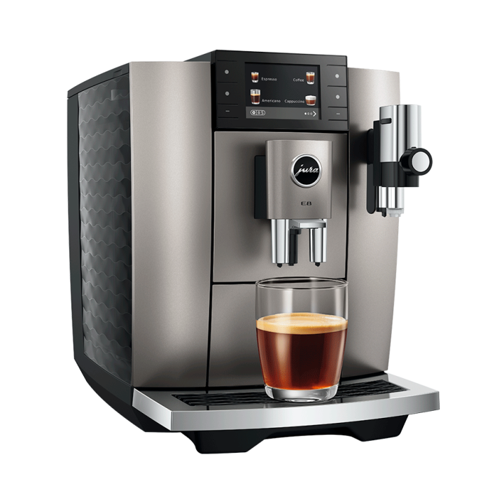 Jura E8 (ED) Midnight Silver Espressomaskine Inkl. Startpakke (DK sprog), Pleje, Filtre, Mælkebeholder & 3kg Super Crema