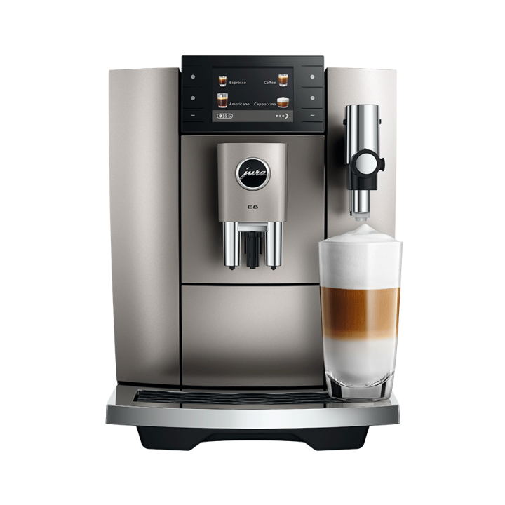 Jura E8 (ED) Midnight Silver Espressomaskine Inkl. Startpakke (DK sprog), Pleje, Filtre, Mælkebeholder & 3kg Super Crema