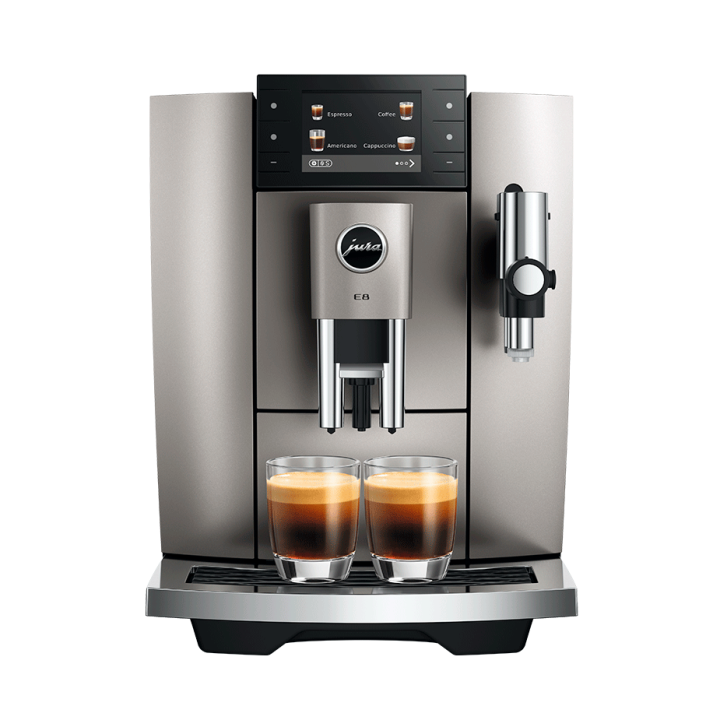 Jura E8 (ED) Midnight Silver Espressomaskine Inkl. Startpakke (DK sprog), Pleje, Filtre, Mælkebeholder & 3kg Super Crema