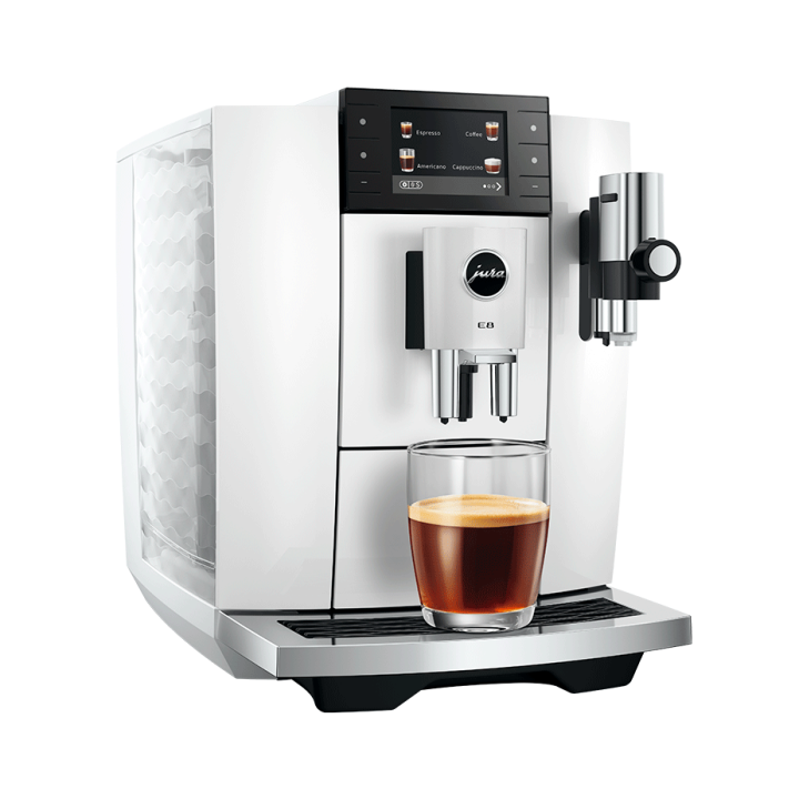 Jura E8 (ED) Piano White Espressomaskine Inkl. Startpakke (DK sprog), Pleje, Filtre, Mælkebeholder & 3kg Super Crema