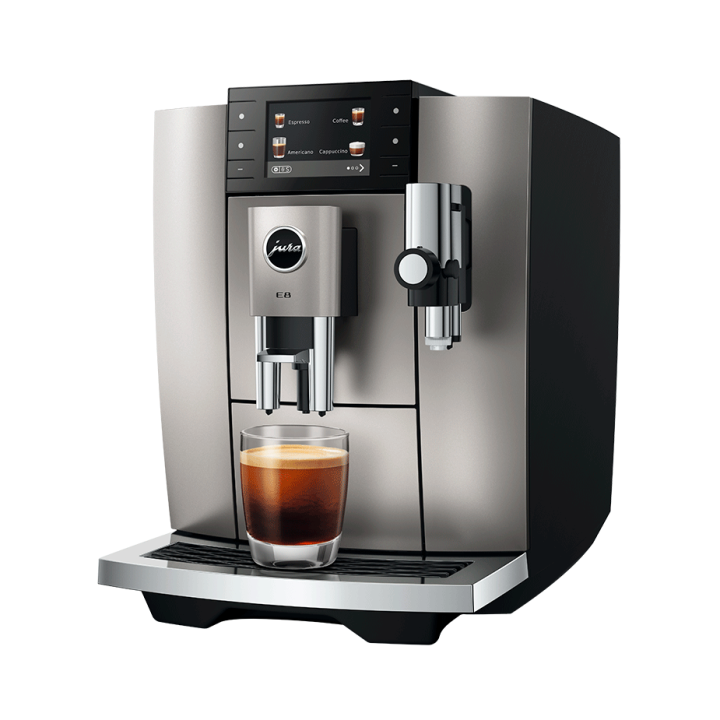 Jura E8 (ED) Midnight Silver Espressomaskine Inkl. Startpakke (DK sprog), Pleje, Filtre, Mælkebeholder & 3kg Crema Intenso