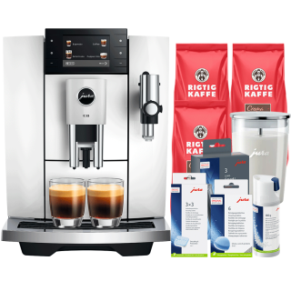 Jura E8 (ED) Piano White Espressomaskine Inkl. Startpakke (DK sprog), Pleje, Filtre, Mælkebeholder & 3kg Crema Intenso
