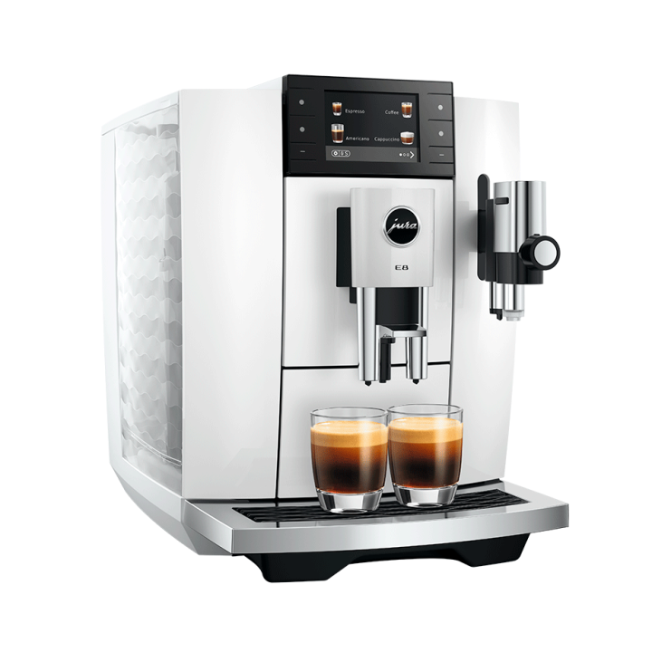 Jura E8 (ED) Piano White Espressomaskine Inkl. Startpakke (DK sprog), Pleje, Filtre, Mælkebeholder & 3kg Crema Intenso
