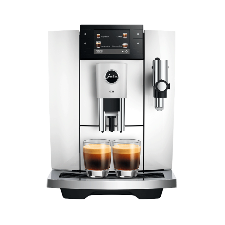 Jura E8 (ED) Piano White Espressomaskine Inkl. Startpakke (DK sprog), Pleje, Filtre, Mælkebeholder & 3kg Crema Intenso
