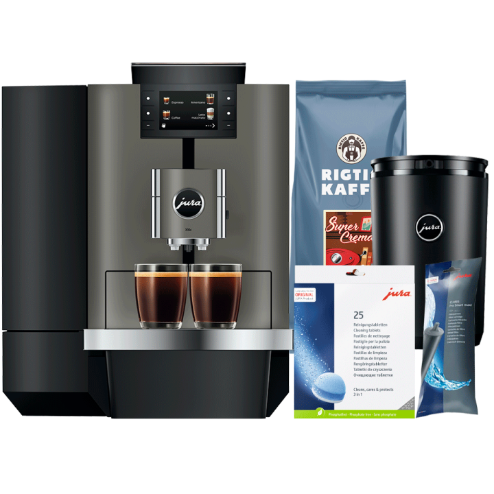 Jura X10c (EA) Dark Inox Espressomaskine Inkl. Startpakke, 2,5L Cooler, Pleje & 6kg Kaffe